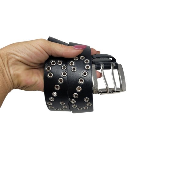L.E.I. Black Double Grommet Belt Sz L Leather Lined‎ Studded Punk Emo Steampunk